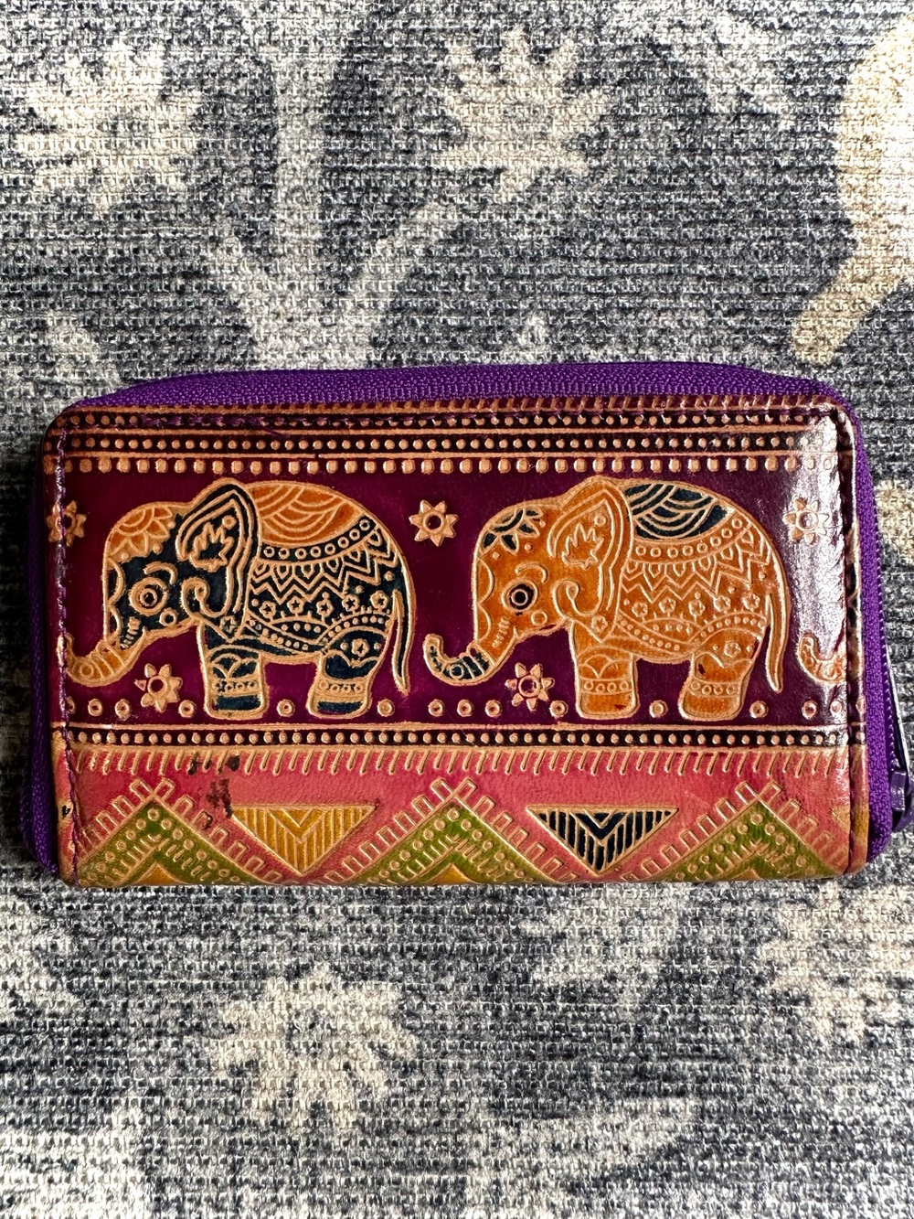 Boho Elephant Tooled Leather Zip Wallet Purple Multi Color